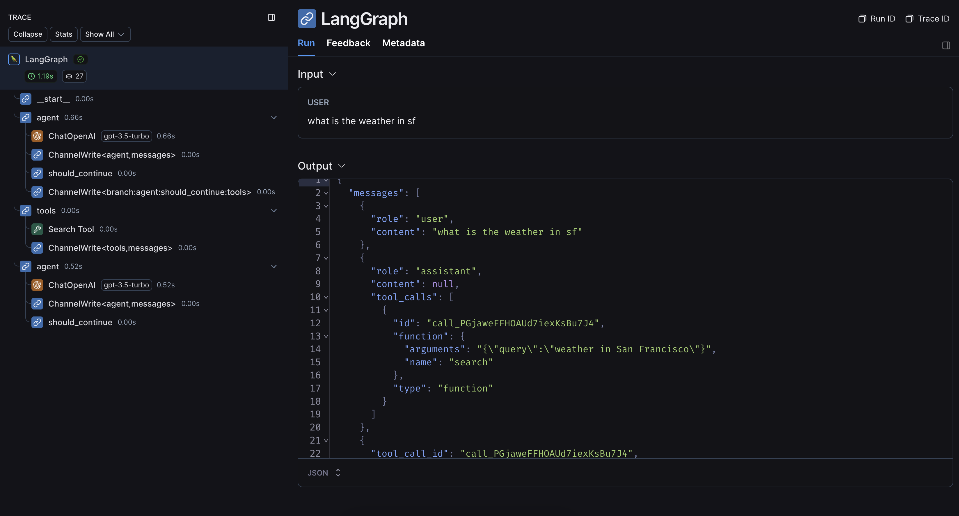 Trace tree for a LangGraph run without LangChain